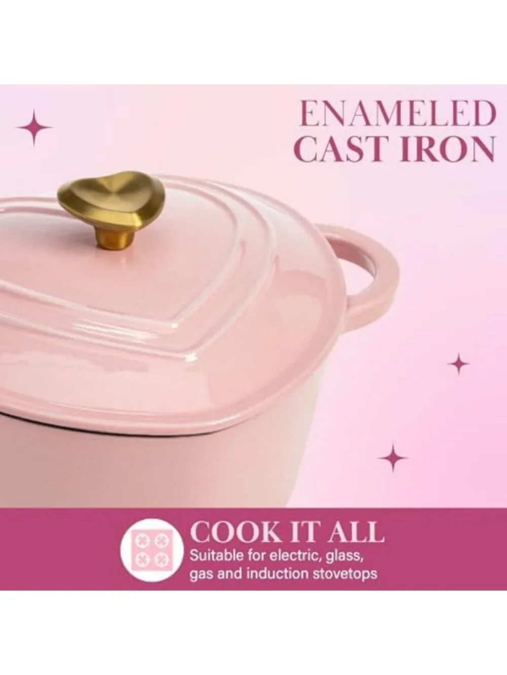 Heart-Shaped Enameled Cast Iron Dutch Oven Pot with Lid, 2-Quart, Pink, Oven